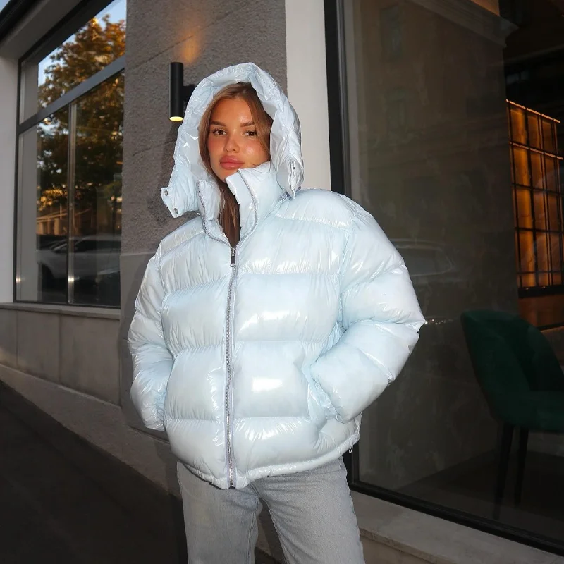 Solid Glossy Zipper Hooded Coats Women's Warm Elastic Waist Pleated Short Cotton Jacket 2026 Winter New Lady High Street Outwear