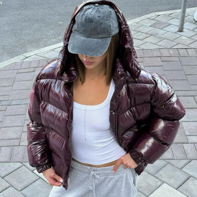 Solid Glossy Zipper Hooded Coats Women's Warm Elastic Waist Pleated Short Cotton Jacket 2026 Winter New Lady High Street Outwear