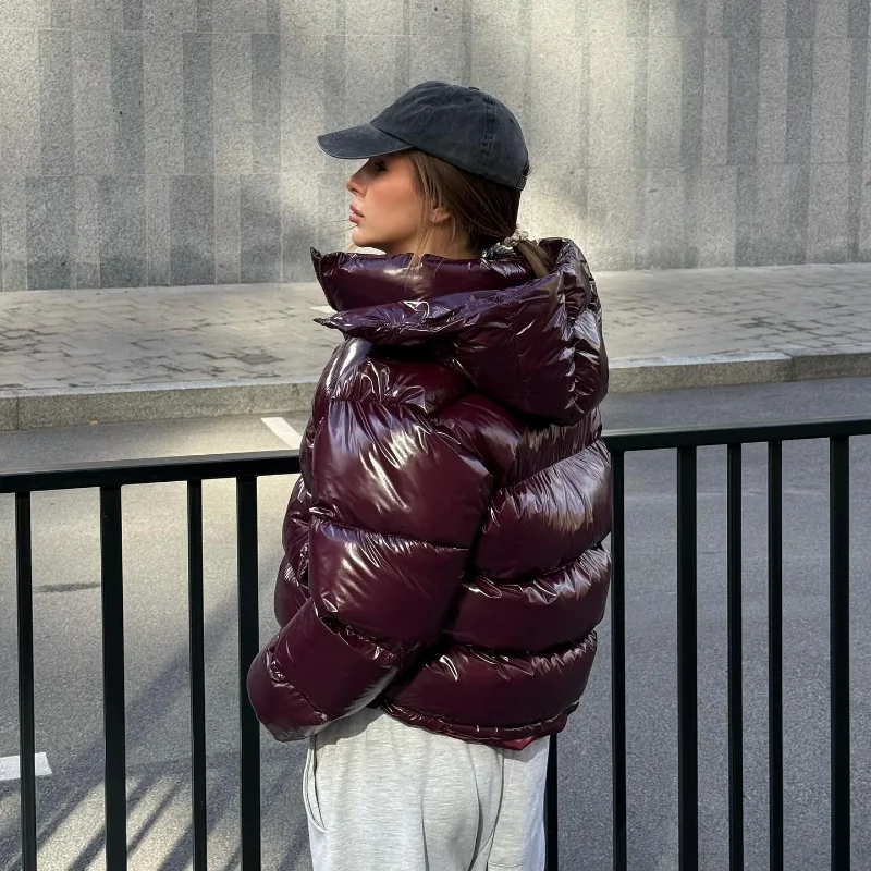 Solid Glossy Zipper Hooded Coats Women's Warm Elastic Waist Pleated Short Cotton Jacket 2026 Winter New Lady High Street Outwear