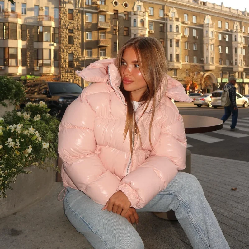 Solid Glossy Zipper Hooded Coats Women's Warm Elastic Waist Pleated Short Cotton Jacket 2026 Winter New Lady High Street Outwear