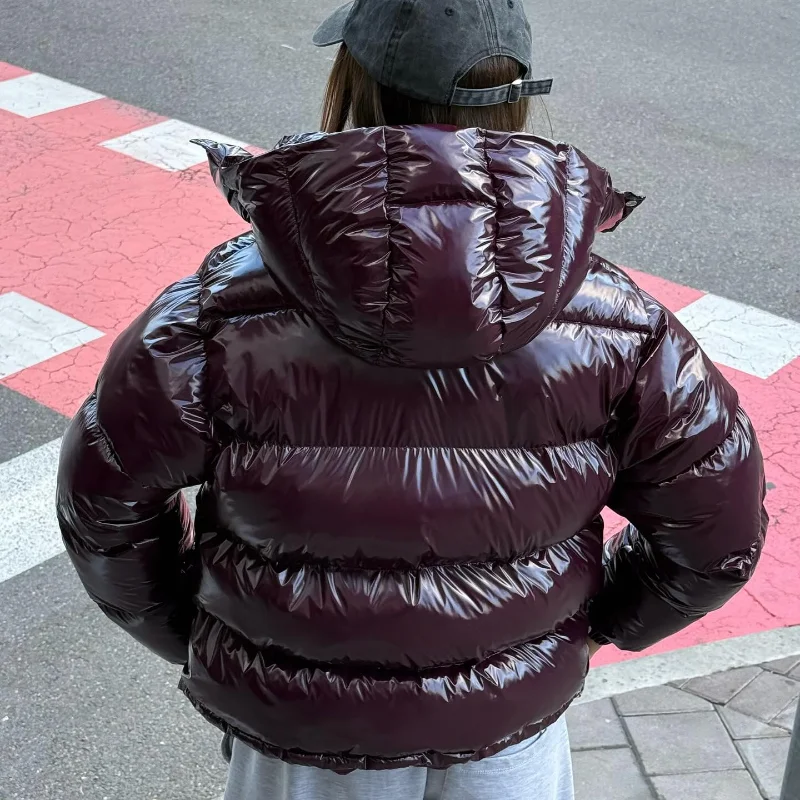 Solid Glossy Zipper Hooded Coats Women's Warm Elastic Waist Pleated Short Cotton Jacket 2026 Winter New Lady High Street Outwear