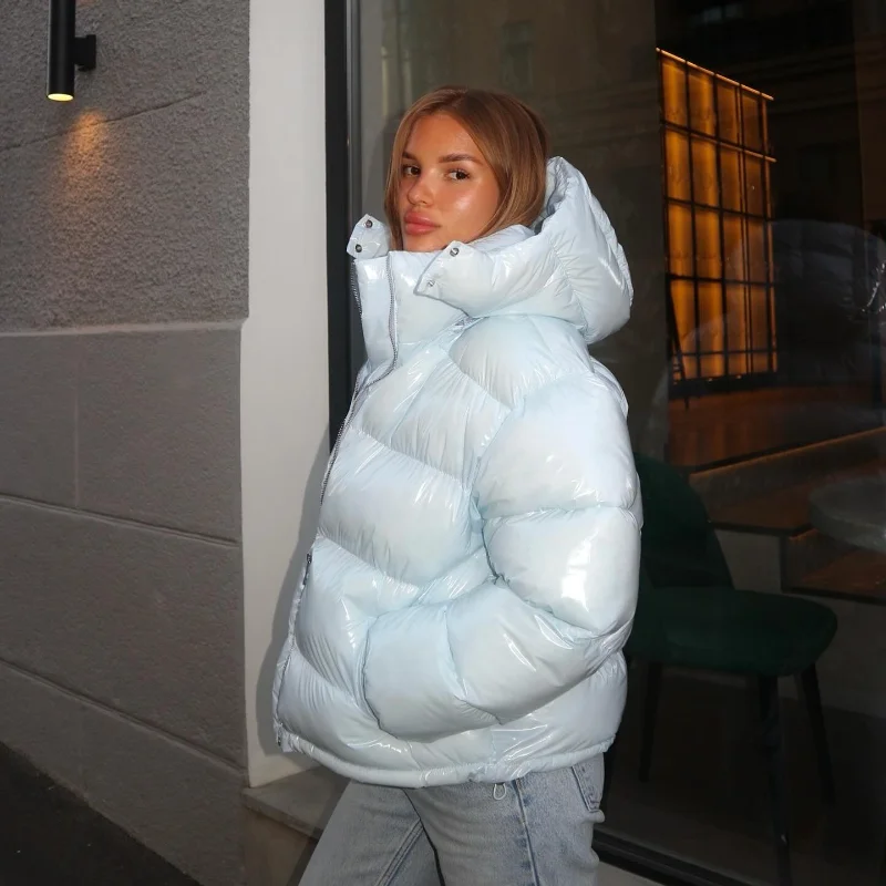 Solid Glossy Zipper Hooded Coats Women's Warm Elastic Waist Pleated Short Cotton Jacket 2026 Winter New Lady High Street Outwear