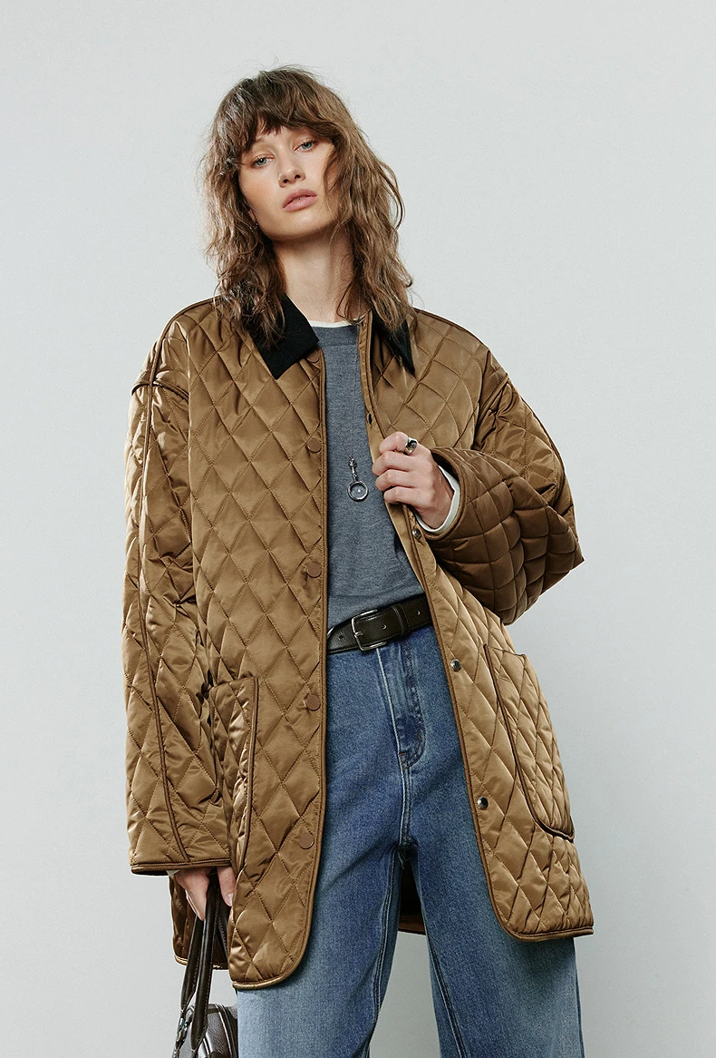 TOYOUTH Women Cotton Jacket 2025 Winter New Luxury Retro Diamond Grid Workwear Large Pocket Mid Length Jacket Brown