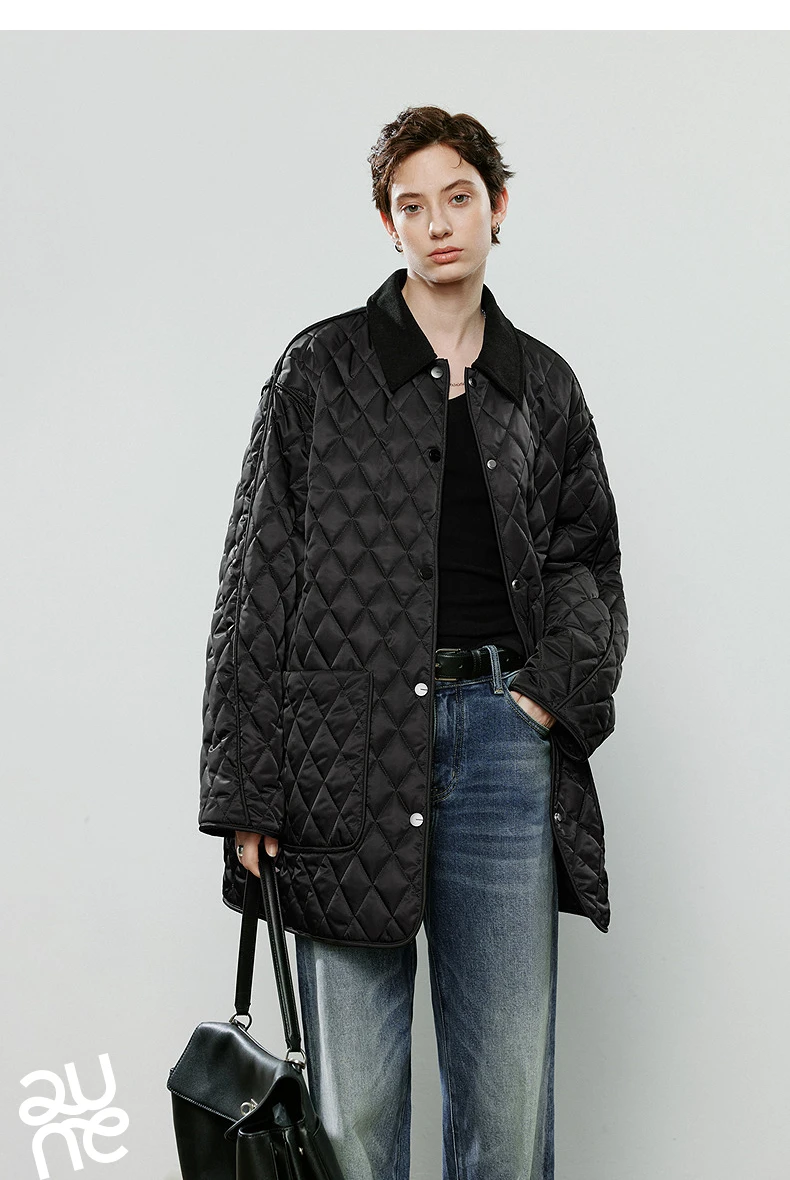TOYOUTH Women Cotton Jacket 2025 Winter New Luxury Retro Diamond Grid Workwear Large Pocket Mid Length Jacket Brown