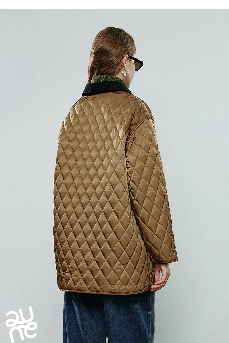 TOYOUTH Women Cotton Jacket 2025 Winter New Luxury Retro Diamond Grid Workwear Large Pocket Mid Length Jacket Brown