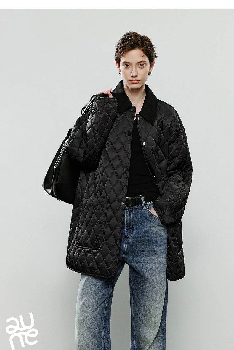 TOYOUTH Women Cotton Jacket 2025 Winter New Luxury Retro Diamond Grid Workwear Large Pocket Mid Length Jacket Brown