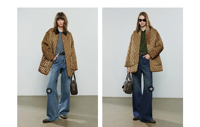 TOYOUTH Women Cotton Jacket 2025 Winter New Luxury Retro Diamond Grid Workwear Large Pocket Mid Length Jacket Brown