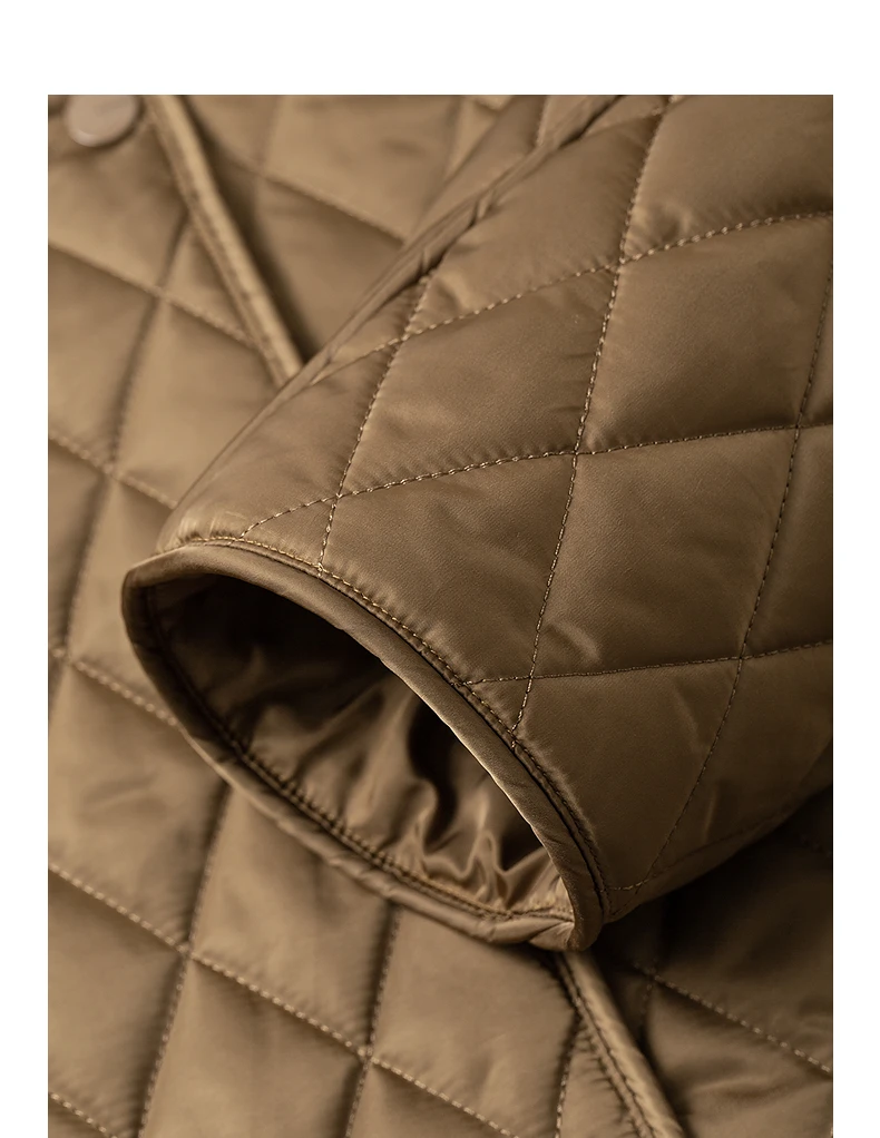 TOYOUTH Women Cotton Jacket 2025 Winter New Luxury Retro Diamond Grid Workwear Large Pocket Mid Length Jacket Brown