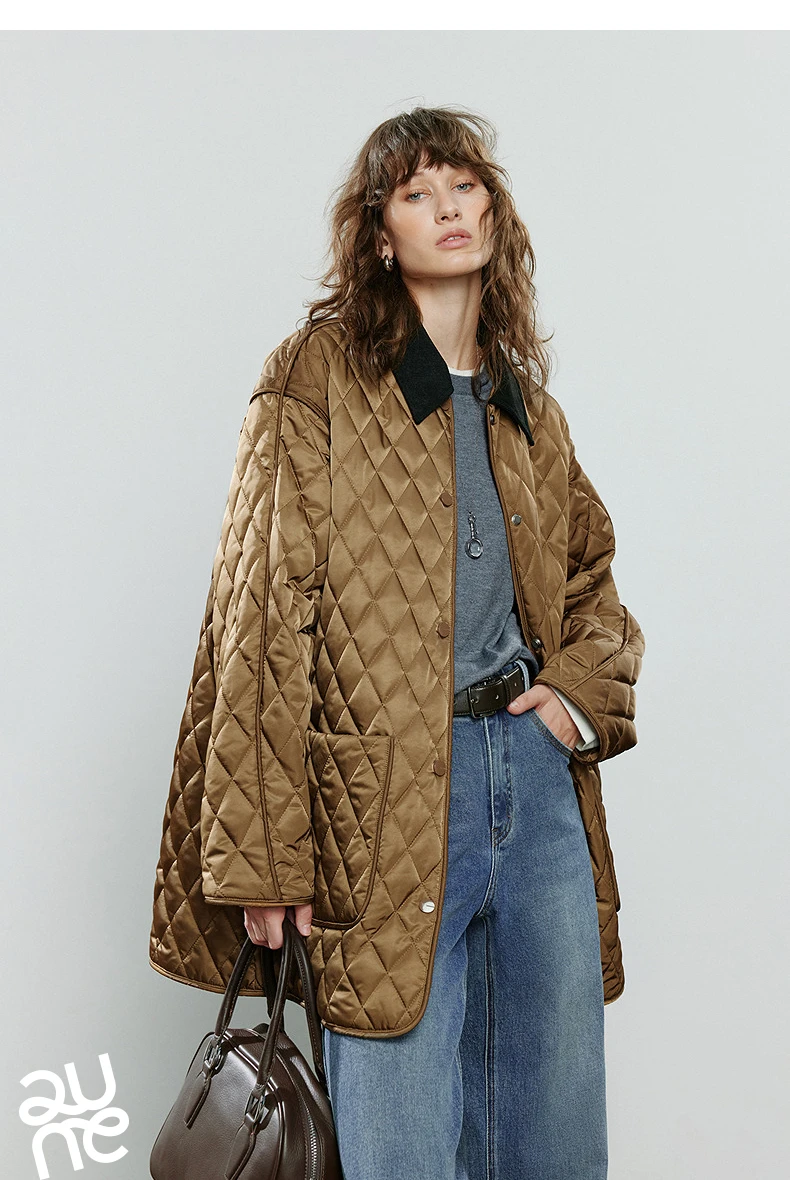 TOYOUTH Women Cotton Jacket 2025 Winter New Luxury Retro Diamond Grid Workwear Large Pocket Mid Length Jacket Brown
