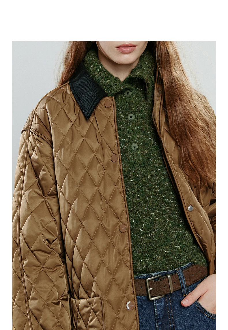 TOYOUTH Women Cotton Jacket 2025 Winter New Luxury Retro Diamond Grid Workwear Large Pocket Mid Length Jacket Brown