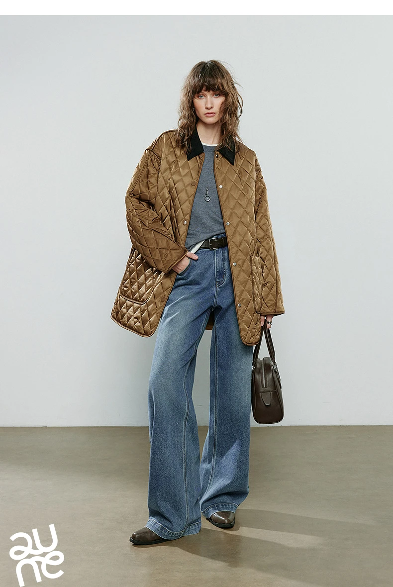 TOYOUTH Women Cotton Jacket 2025 Winter New Luxury Retro Diamond Grid Workwear Large Pocket Mid Length Jacket Brown