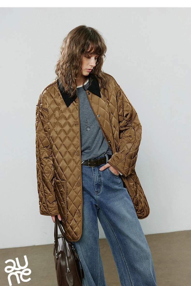 TOYOUTH Women Cotton Jacket 2025 Winter New Luxury Retro Diamond Grid Workwear Large Pocket Mid Length Jacket Brown