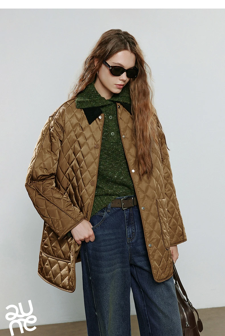 TOYOUTH Women Cotton Jacket 2025 Winter New Luxury Retro Diamond Grid Workwear Large Pocket Mid Length Jacket Brown