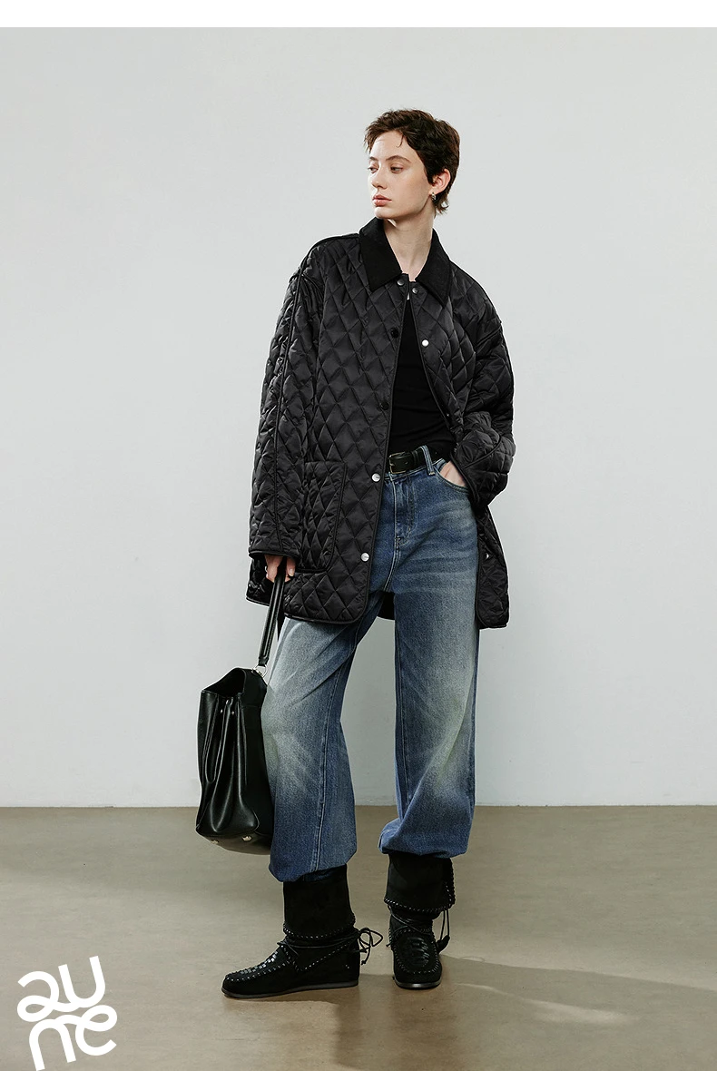 TOYOUTH Women Cotton Jacket 2025 Winter New Luxury Retro Diamond Grid Workwear Large Pocket Mid Length Jacket Brown
