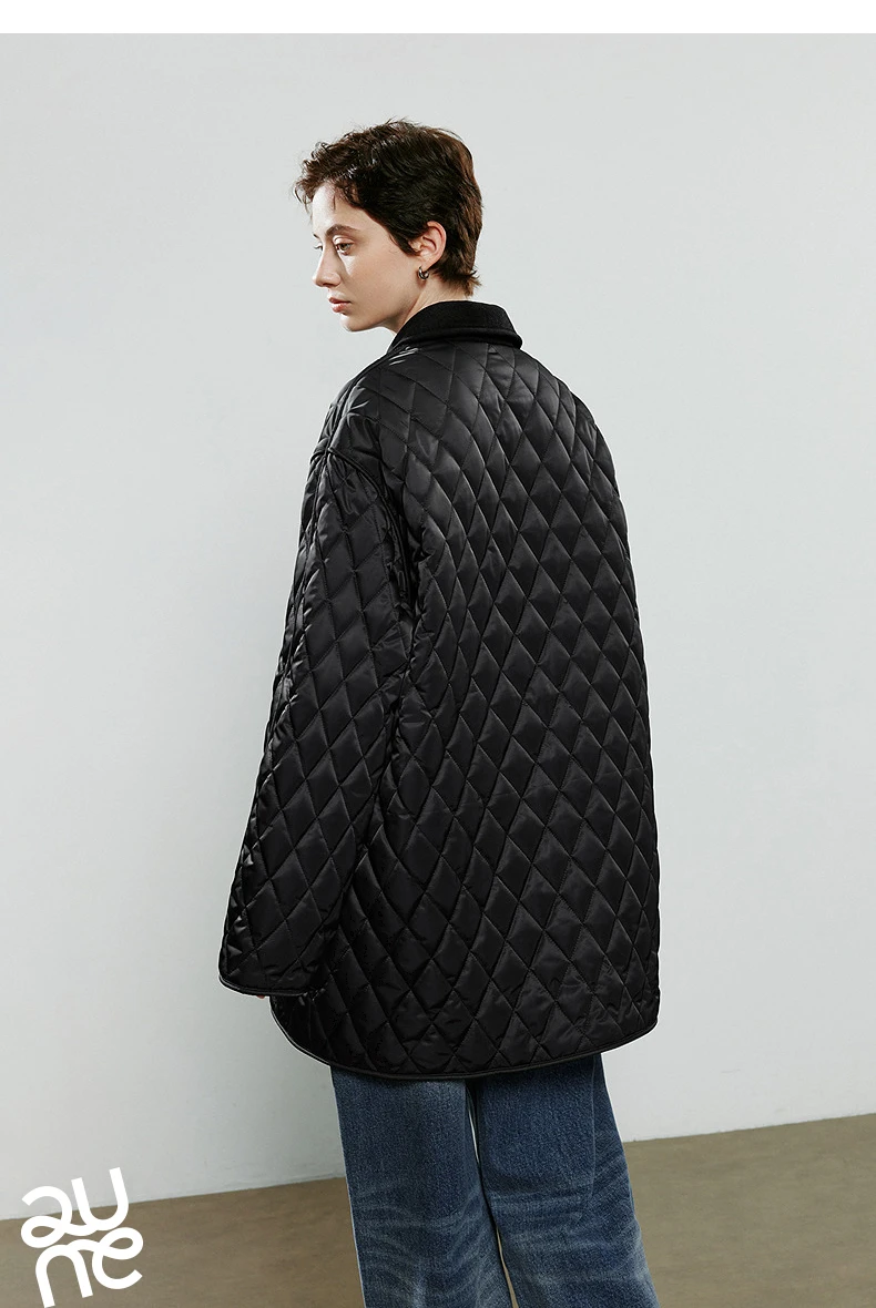 TOYOUTH Women Cotton Jacket 2025 Winter New Luxury Retro Diamond Grid Workwear Large Pocket Mid Length Jacket Brown