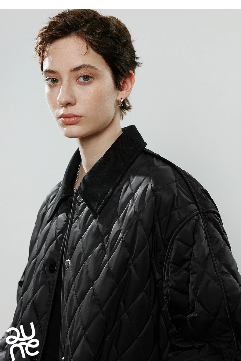 TOYOUTH Women Cotton Jacket 2025 Winter New Luxury Retro Diamond Grid Workwear Large Pocket Mid Length Jacket Brown