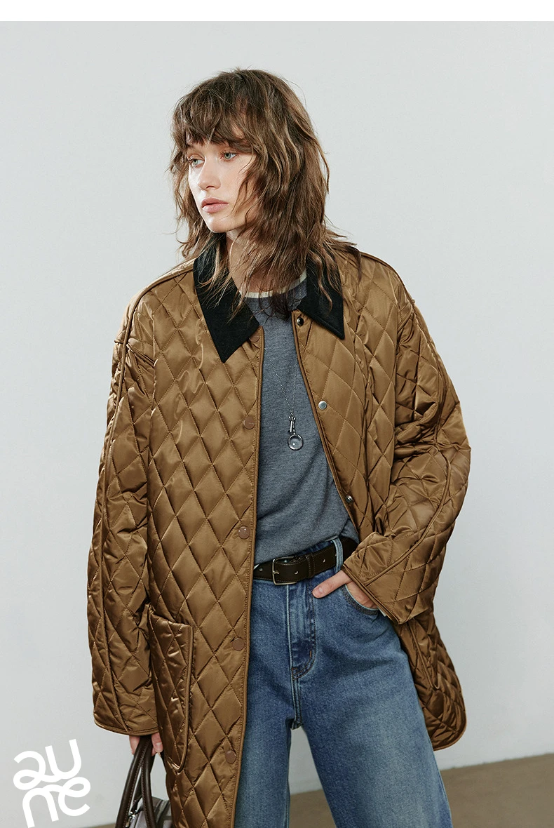 TOYOUTH Women Cotton Jacket 2025 Winter New Luxury Retro Diamond Grid Workwear Large Pocket Mid Length Jacket Brown