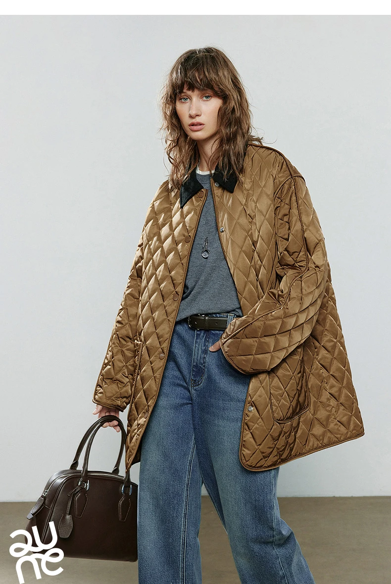 TOYOUTH Women Cotton Jacket 2025 Winter New Luxury Retro Diamond Grid Workwear Large Pocket Mid Length Jacket Brown