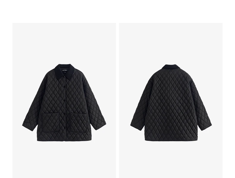TOYOUTH Women Cotton Jacket 2025 Winter New Luxury Retro Diamond Grid Workwear Large Pocket Mid Length Jacket Brown