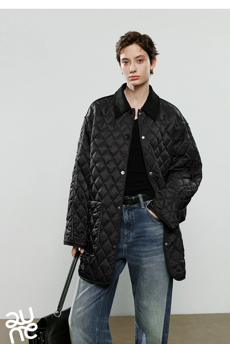 TOYOUTH Women Cotton Jacket 2025 Winter New Luxury Retro Diamond Grid Workwear Large Pocket Mid Length Jacket Brown