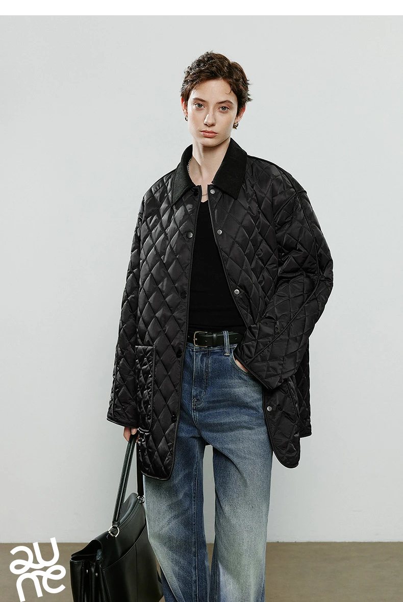 TOYOUTH Women Cotton Jacket 2025 Winter New Luxury Retro Diamond Grid Workwear Large Pocket Mid Length Jacket Brown