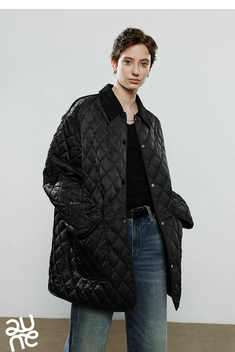 TOYOUTH Women Cotton Jacket 2025 Winter New Luxury Retro Diamond Grid Workwear Large Pocket Mid Length Jacket Brown