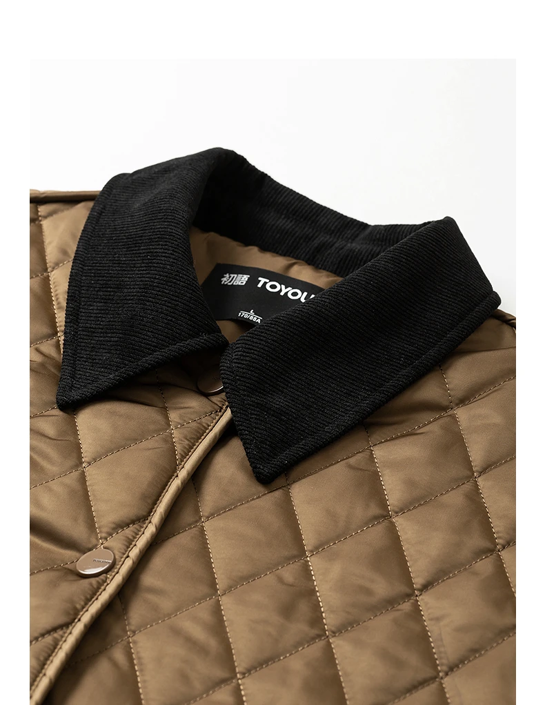 TOYOUTH Women Cotton Jacket 2025 Winter New Luxury Retro Diamond Grid Workwear Large Pocket Mid Length Jacket Brown