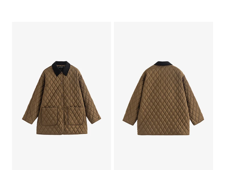 TOYOUTH Women Cotton Jacket 2025 Winter New Luxury Retro Diamond Grid Workwear Large Pocket Mid Length Jacket Brown