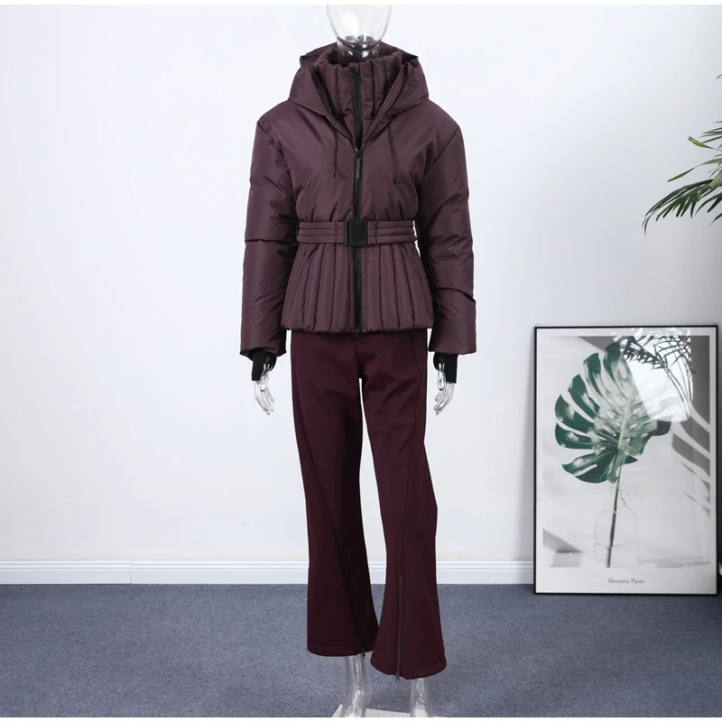 Ski Parkas Coat Jacket Women Zipper Belts Thicken 2025 Winter Skiing Cotton Lapel Snow Female Skiwear Outdoor Street Outwear Top