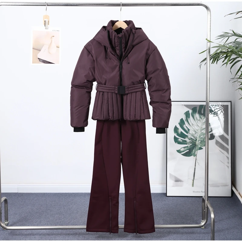 Ski Parkas Coat Jacket Women Zipper Belts Thicken 2025 Winter Skiing Cotton Lapel Snow Female Skiwear Outdoor Street Outwear Top