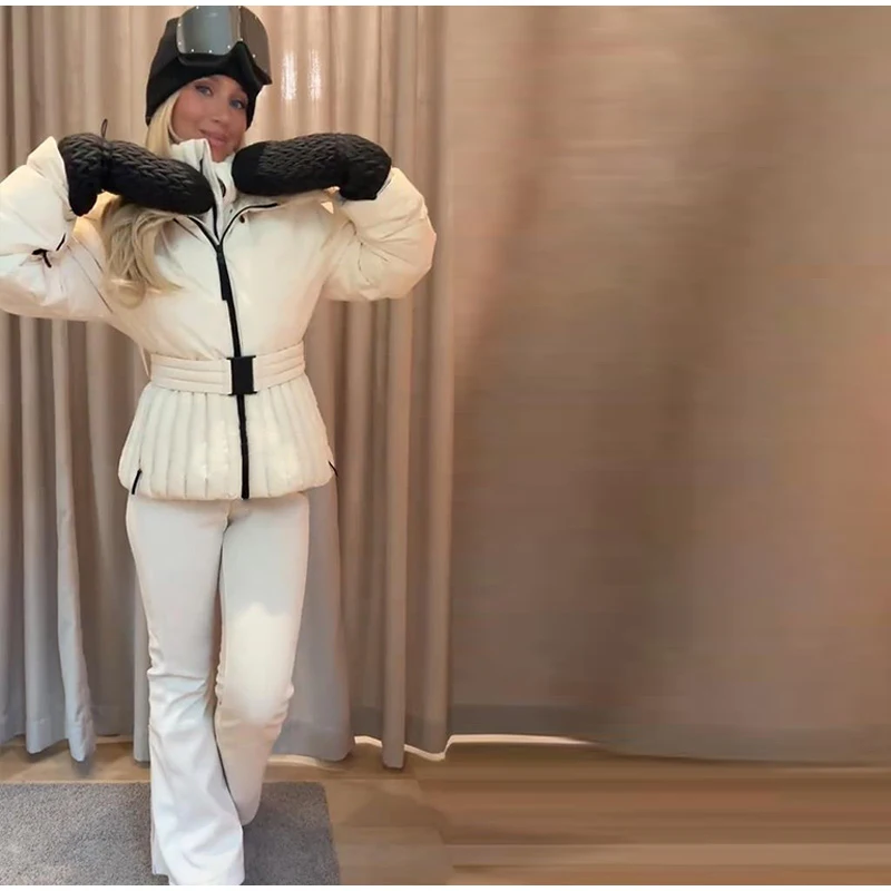 Ski Parkas Coat Jacket Women Zipper Belts Thicken 2025 Winter Skiing Cotton Lapel Snow Female Skiwear Outdoor Street Outwear Top