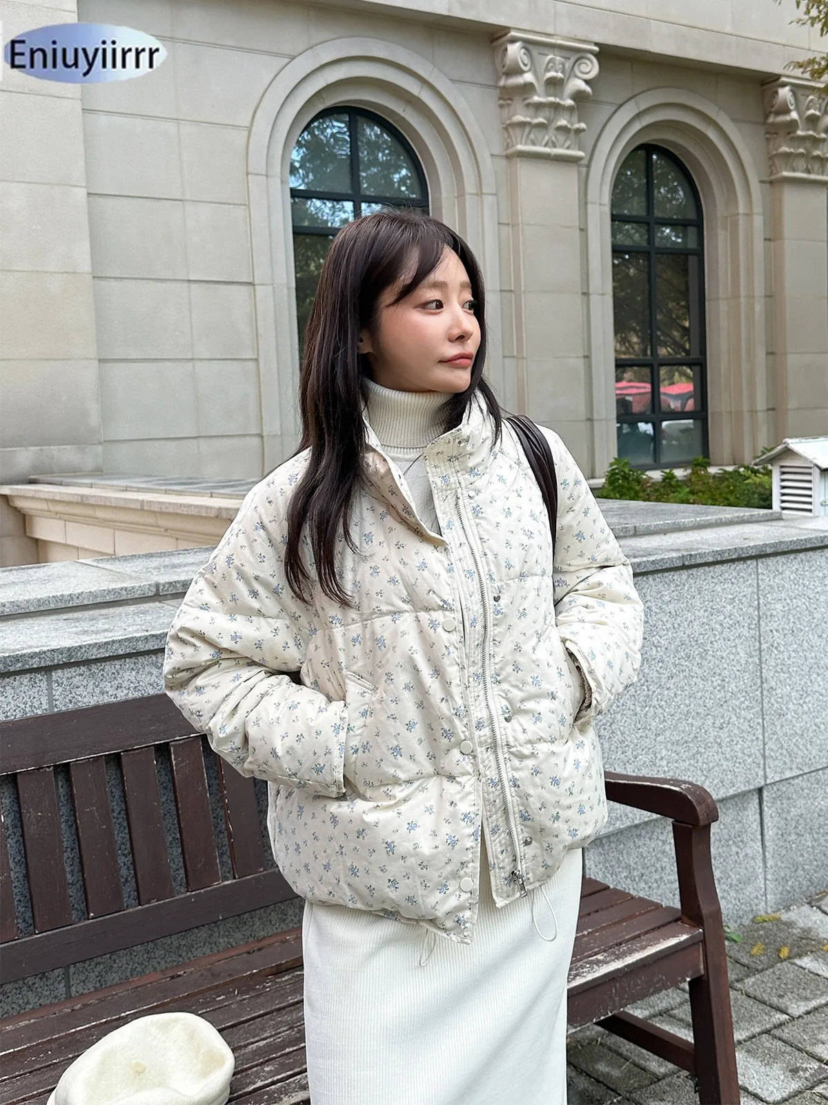 Warm Cute Sweet Women Coats Cotton Printed Florals Chic Elegant Loose Thicken New Daily Winter All Match High Street Parkas