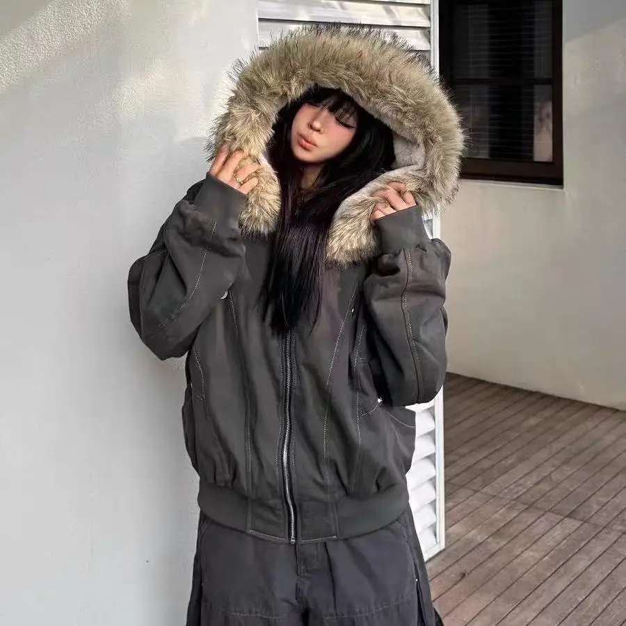 Winter Jackets Fur Collar Parkas Women Vintage Thicken Fleece Warm Jackets Streetwear Harajuku Hip Hop Padded Y2K Chic Outwear