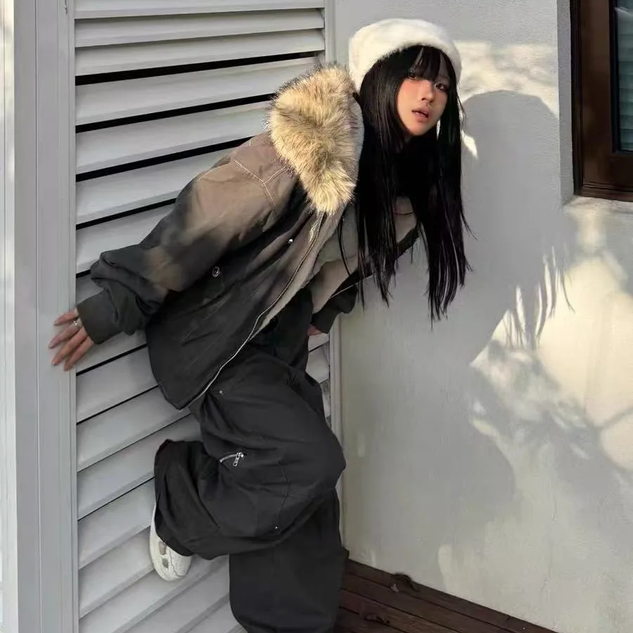 Winter Jackets Fur Collar Parkas Women Vintage Thicken Fleece Warm Jackets Streetwear Harajuku Hip Hop Padded Y2K Chic Outwear