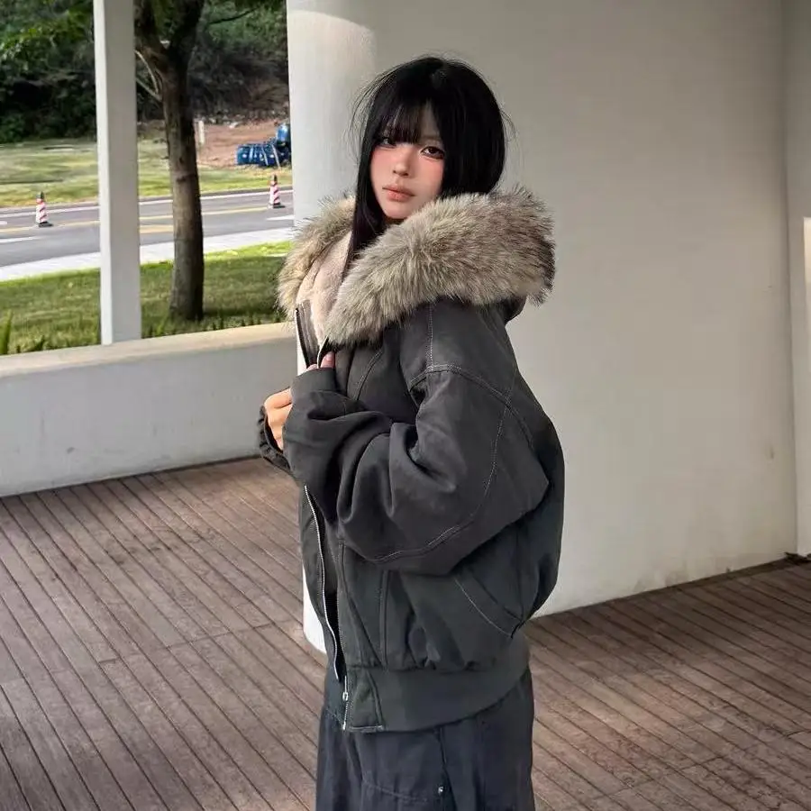Winter Jackets Fur Collar Parkas Women Vintage Thicken Fleece Warm Jackets Streetwear Harajuku Hip Hop Padded Y2K Chic Outwear