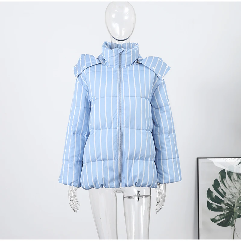 Fashion Stripe Warm Women's Padded Jacket Hooded Stand Neck Zip-up Puffy Winter Coats Lady New Fashion Daily Casual Outwear 2026