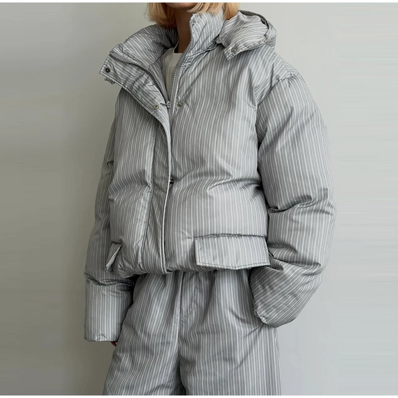 Fashion Stripe Warm Women's Padded Jacket Hooded Stand Neck Zip-up Puffy Winter Coats Lady New Fashion Daily Casual Outwear 2026