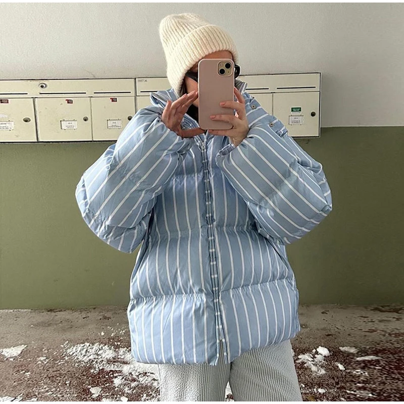 Fashion Stripe Warm Women's Padded Jacket Hooded Stand Neck Zip-up Puffy Winter Coats Lady New Fashion Daily Casual Outwear 2026