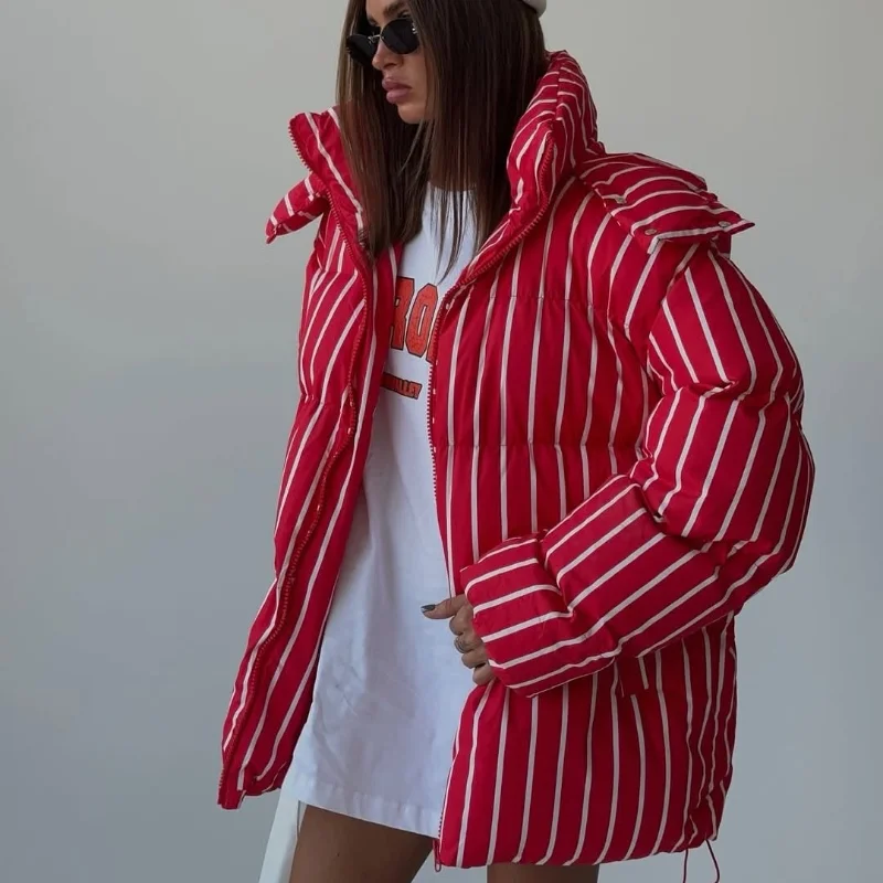 Fashion Stripe Warm Women's Padded Jacket Hooded Stand Neck Zip-up Puffy Winter Coats Lady New Fashion Daily Casual Outwear 2026