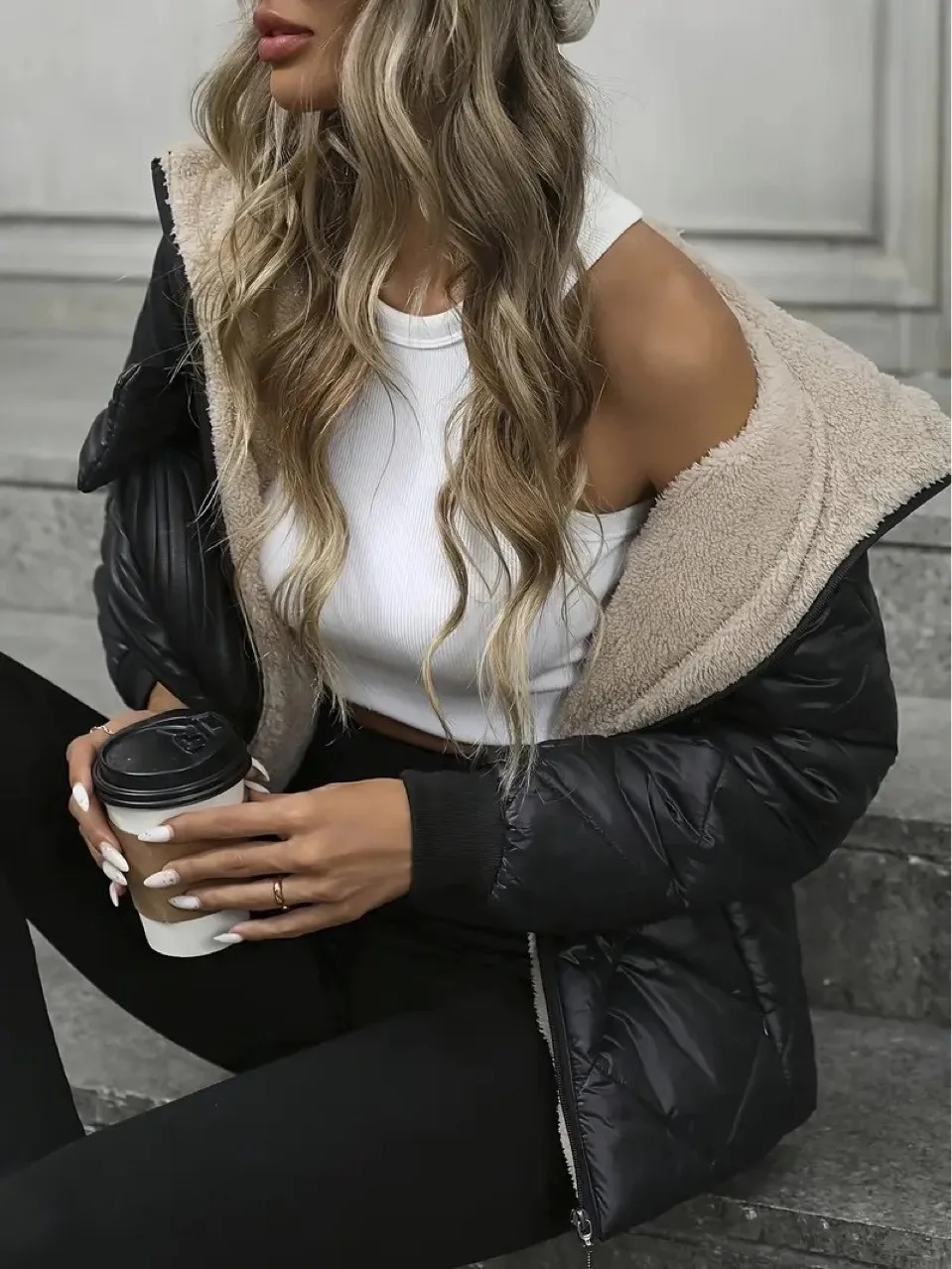 Hooded Short Coat Women Parkas Zipper Long Sleeve Cardigan Outerwear Solid Casual Warm Pocket Spliced Simple Jackets Winter 2025