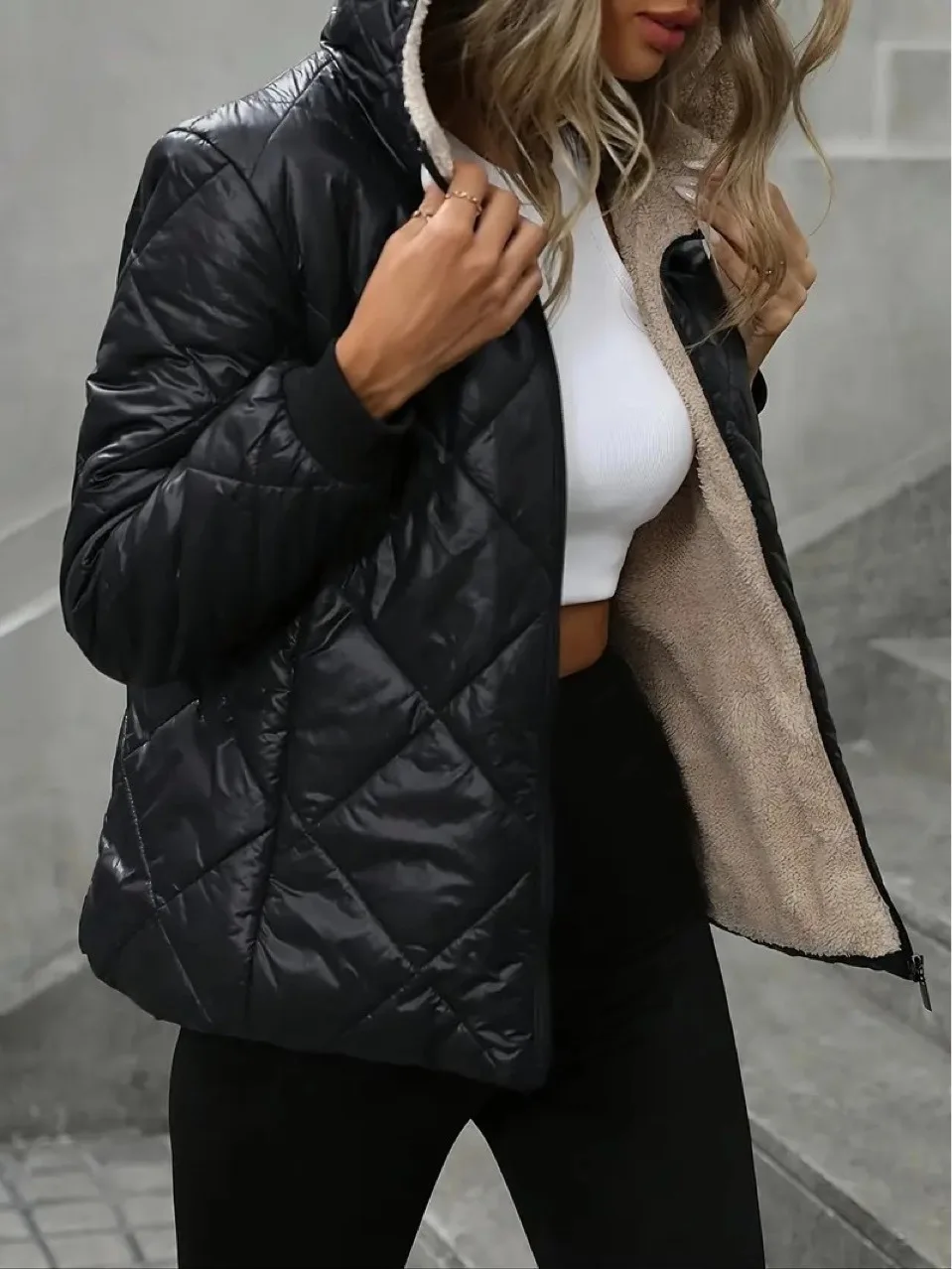 Hooded Short Coat Women Parkas Zipper Long Sleeve Cardigan Outerwear Solid Casual Warm Pocket Spliced Simple Jackets Winter 2025
