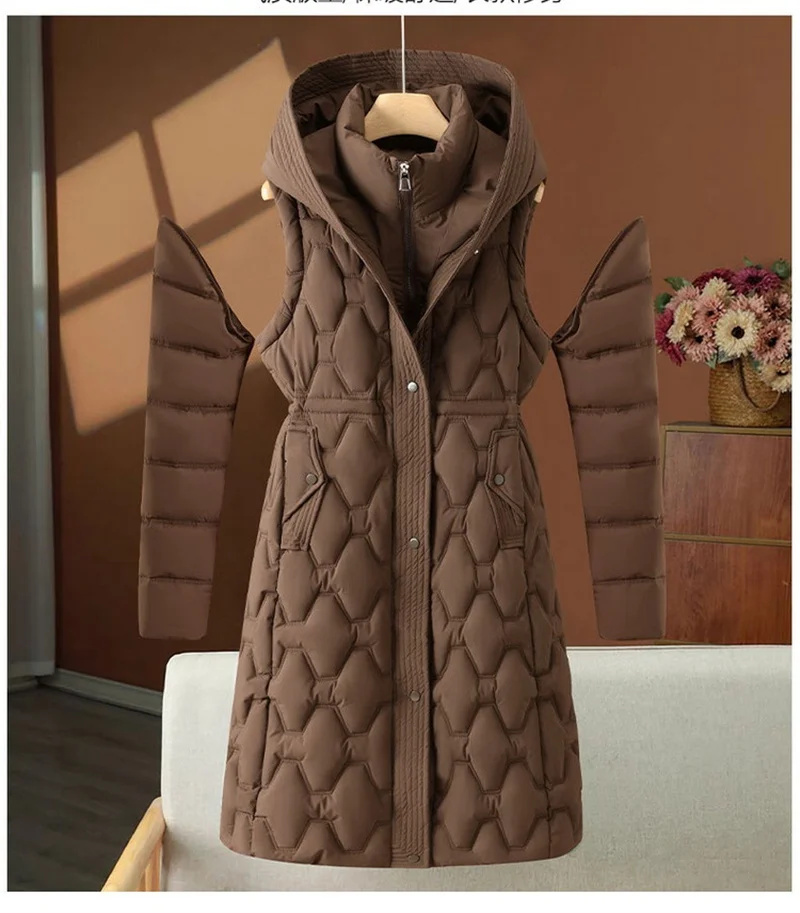 2026 Fashion Winter Long Parkas Women's Down Cotton-padded Jacket Detachable-sleeve Coats Thicken Warm Overcoat Hooded Outerwear