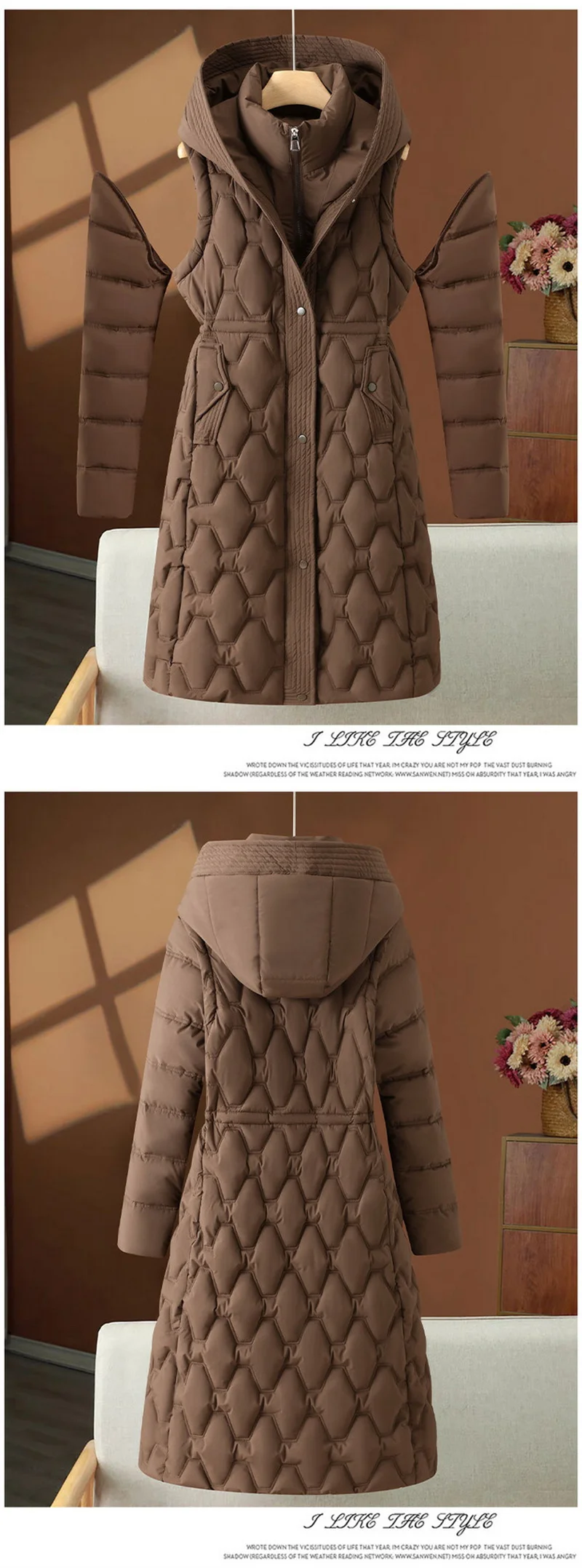 2026 Fashion Winter Long Parkas Women's Down Cotton-padded Jacket Detachable-sleeve Coats Thicken Warm Overcoat Hooded Outerwear