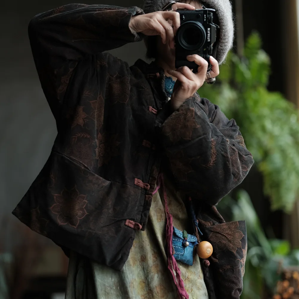 Johnature Women Vintage Cotton Parkas Stand Long Sleeve Button Coats Print Floral 2025 Autumn New Pockets Warm Soft Parkas