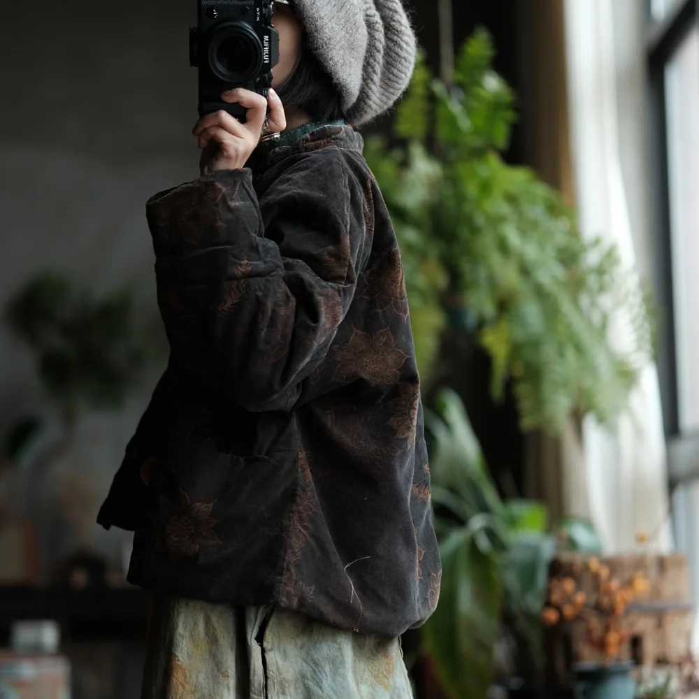 Johnature Women Vintage Cotton Parkas Stand Long Sleeve Button Coats Print Floral 2025 Autumn New Pockets Warm Soft Parkas