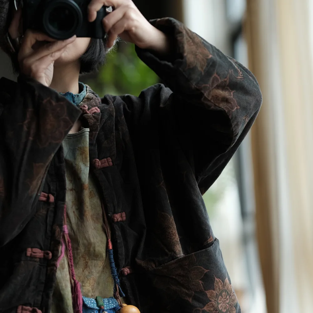Johnature Women Vintage Cotton Parkas Stand Long Sleeve Button Coats Print Floral 2025 Autumn New Pockets Warm Soft Parkas