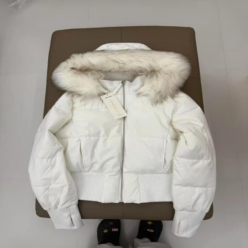 New Retro Pink Warm Fur Collar Hooded Short Women Cotton Clothing Fashionable Harajuku High Street Winter Coat for Women