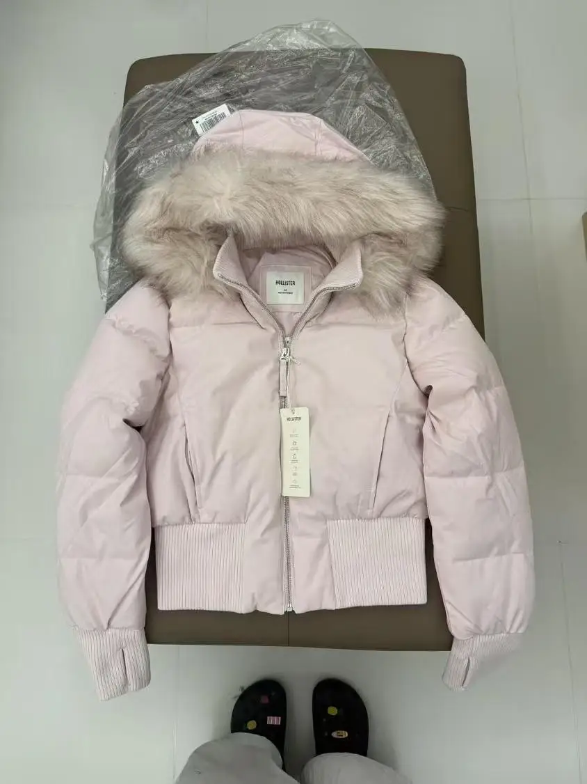 New Retro Pink Warm Fur Collar Hooded Short Women Cotton Clothing Fashionable Harajuku High Street Winter Coat for Women
