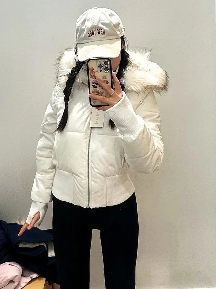 New Retro Pink Warm Fur Collar Hooded Short Women Cotton Clothing Fashionable Harajuku High Street Winter Coat for Women