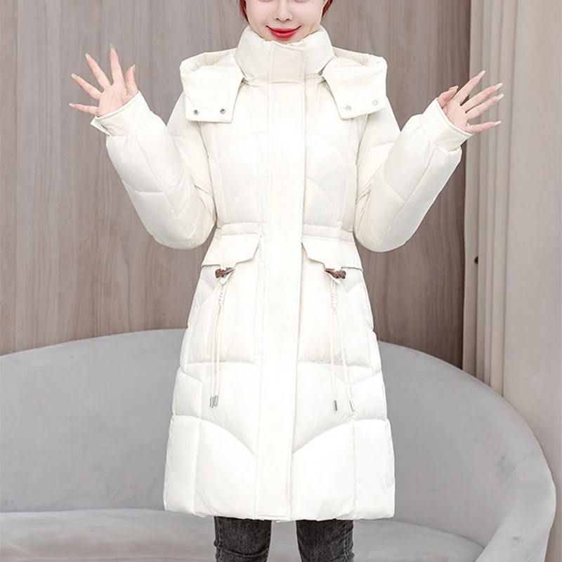 Zipper Up Mid-Long Parkas Women Winter Thicken Coldproof Warm Parkas Woman Fashion Stand Up Collar Hooded Cotton Jacket Female
